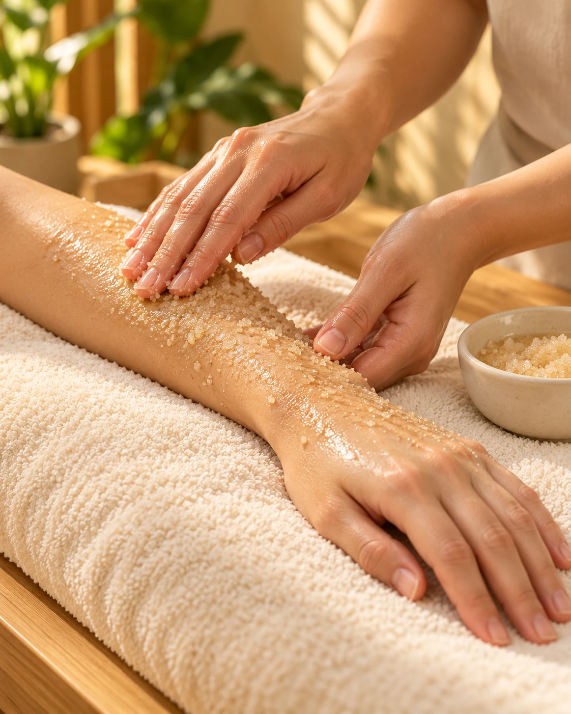 Illustrative exfoliating scrub being applied to a supported forearm