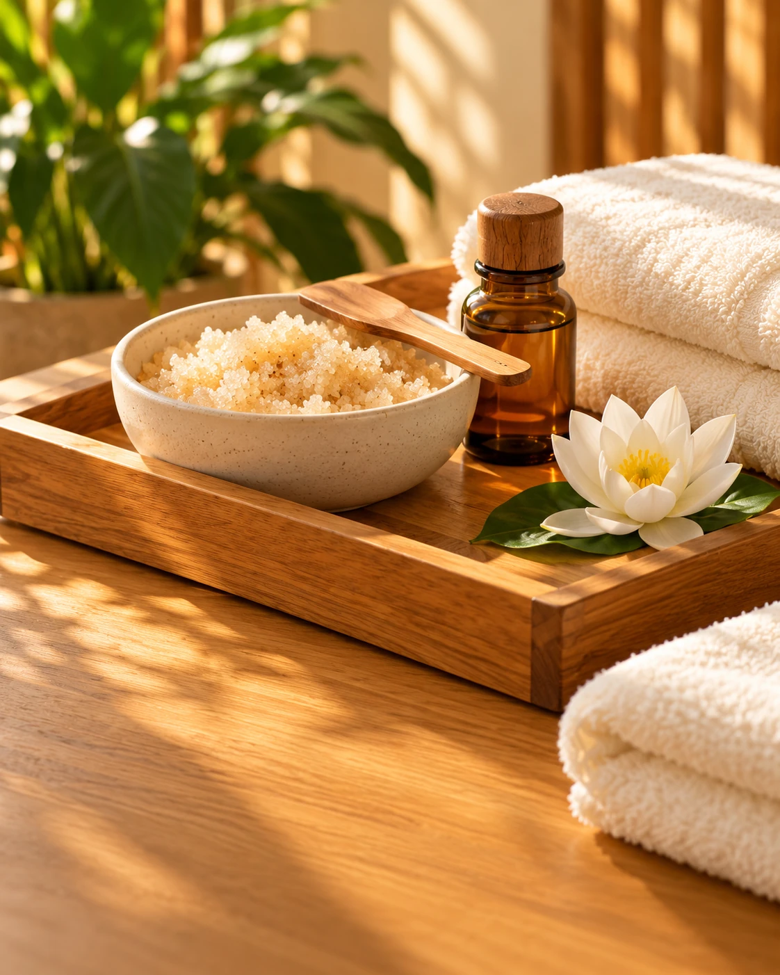 Oil and body scrub preparation with a lotus flower